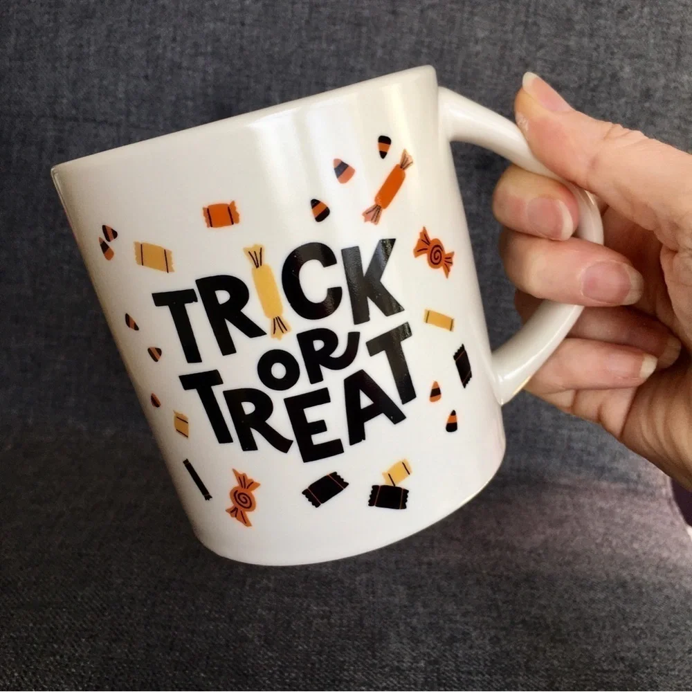 “TRICK OR TREAT” Coffee Mug, Ivory, Cream, Black, Fall Colors, 16 oz